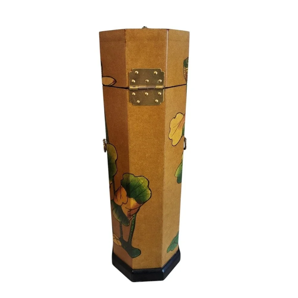 Asian Wood Tower Oriental Box Brass Fish w/ Key MCM Vintage Handpainted Flowers‎